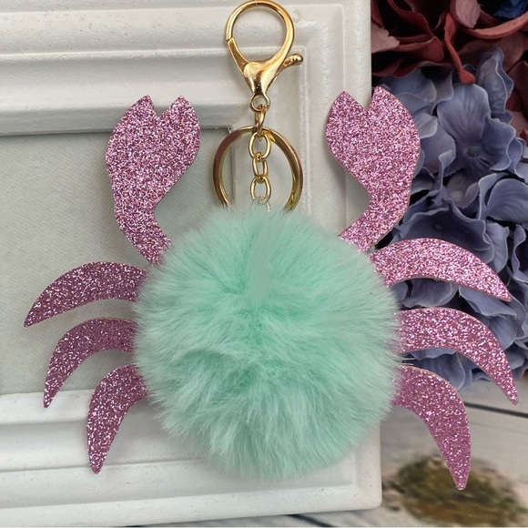 Accessories - Blue Crab Pom Pom with Pink Glitter Claws Keychain Charm